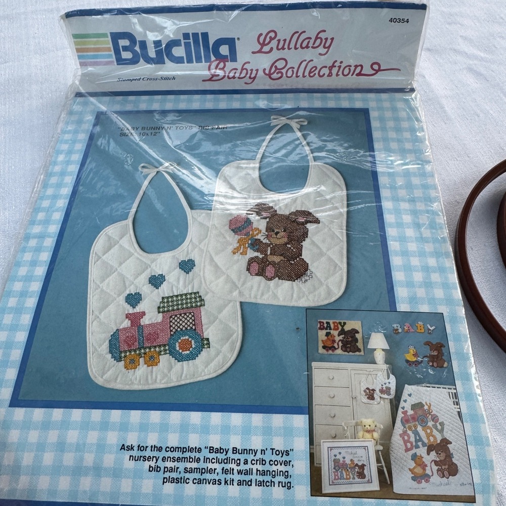 Vintage Bucilla Stamped Cross Stitch Bib Pair Kit Baby Bunny N Toys White Blue